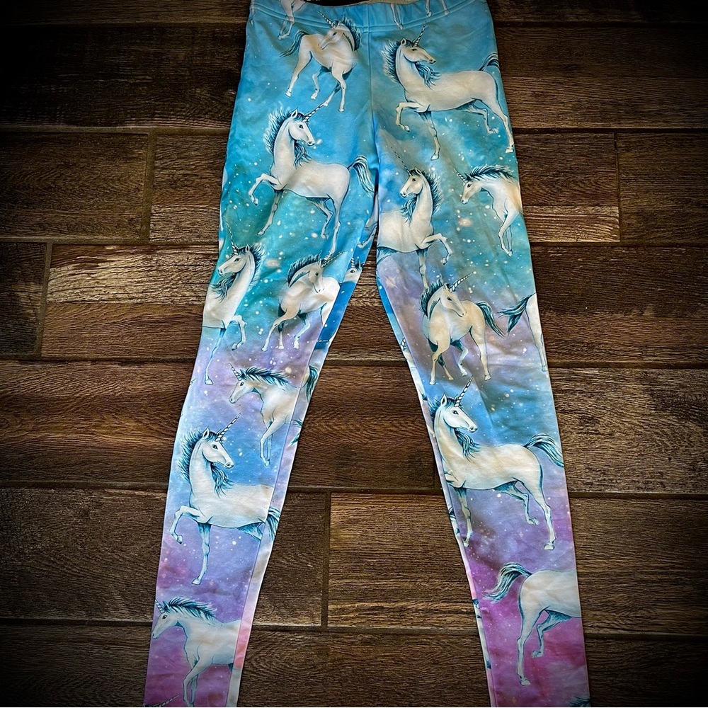 BlackMilk mystical Unicorn print Leggings on a Blue and Purple background M